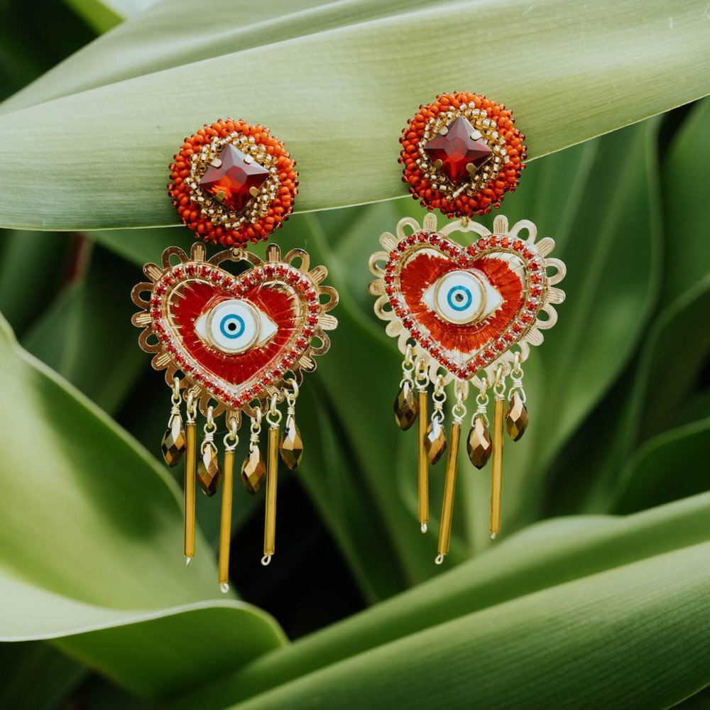 Red Heart Evil Eye Drop Earrings - Unbranded
